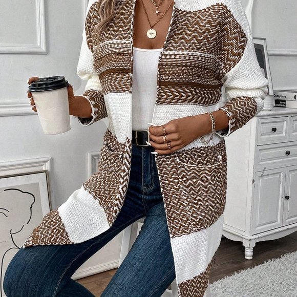 Multicolor Casual Womens Chevron Drop Shoulder Pocket Patched Duster Cardigan - Picture 5 of 5